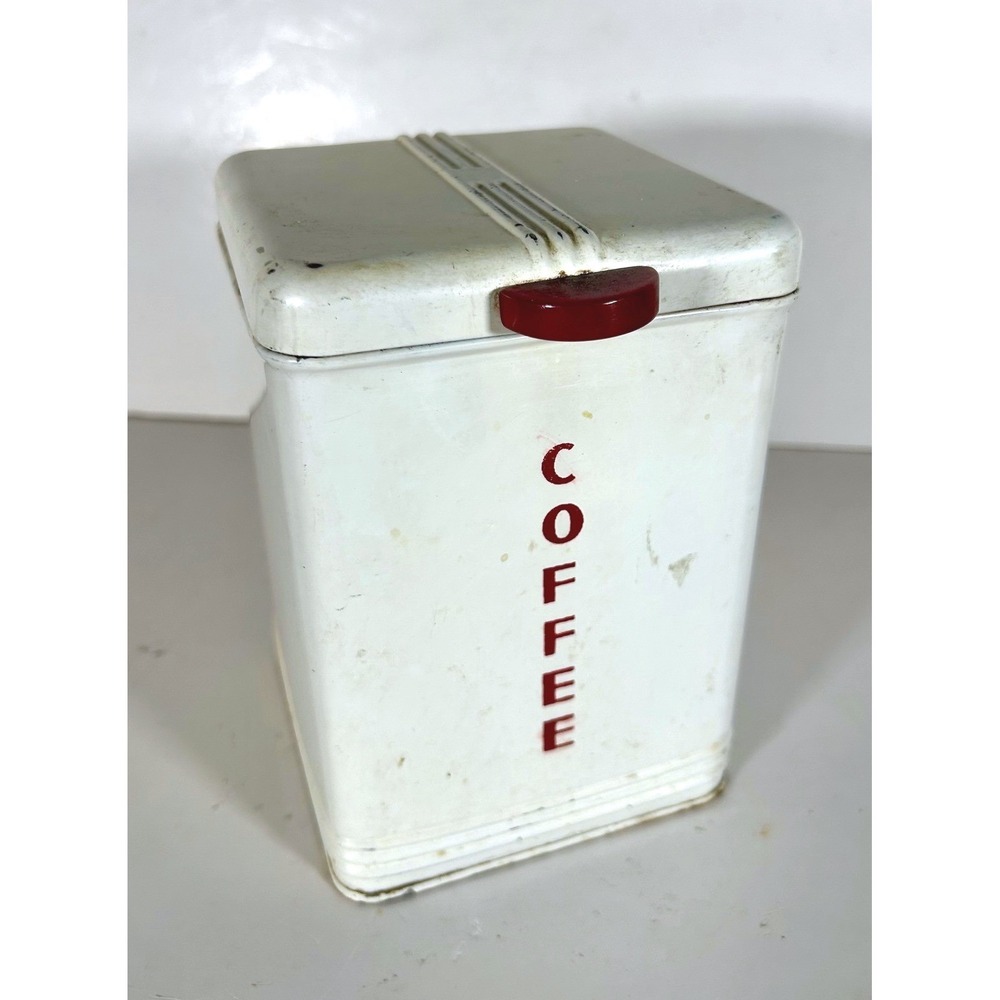 Vintage Kreamer Coffee Tin Canister Art Deco White Red Metal Hinged Lid